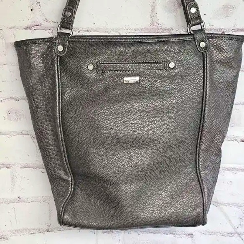 Jewell Thirty One gray silver pebbled snakeskin vegan leather tote bag purse EUC